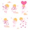 Set of cute blond baby boy angels, cupids and amurs with bows, arrows and hearts.