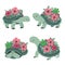 Set of cute blooming tortoises isolated on white background. Vector graphics