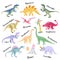 Set of cute bright dinosaurs including T-rex, Brontosaurus, Triceratops, Velociraptor, Pteranodon, Allosaurus, etc