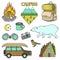 Set of cute camping elements. Equipment in forest. Stickers, doodle pins, patches. Mountain Campfire Bear Car Backpack