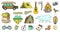 Set of cute camping elements. Equipment in forest. Stickers, doodle pins, patches. Mountain Campfire Map Compass Bear