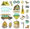 Set of cute camping elements. Equipment in forest. Stickers, doodle pins, patches. Mountain Campfire Map Compass Bear