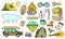 Set of cute camping elements. Equipment in forest. Stickers, doodle pins, patches. Mountain, fire, map, compass, bear