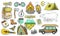 Set of cute camping elements. Stickers, doodle pins, patches. Equipment in forest. Mountain, fire, map, compass, bear