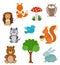 Set of cute cartoon animals. Forest collection with tree