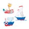 Set of cute cartoon animals giraffe hare and elephant on a sea and air transport, a sailboat plane and a steamship for a