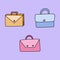 Set of the cute cartoon briefcases with buttons for documents for office work, school, university. Vector clipart illustration