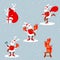 Set of cute cartoon bunnies or rabbits wearing santa claus clothes holding red christmas gift bag and box, skating, making selfie