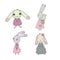 A set of cute cartoon bunny girls. Beautiful rabbits in dresses. Little hares. objects on white background.