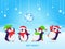 Set of cute cartoon Christmas Penguins on a blue background wiht disco ball, snowflakes, stars and mountains. Merry Christmas