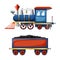 Set of cute cartoon colored retro steam locomotive and wagon with coal isolated on white background. Vector illustration