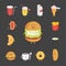 Set of cute cartoon fast food characters . French fries , pizza , donut , hot dog , popcorn , hamburger , cola