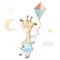 Set of cute cartoon giraffe and kite. Watercolor illustration