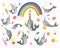 Set of cute cartoon gray narwhals with rainbow, ice creams, sweets and seashell.