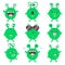 Set of cute cartoon green monster emotions. Funny emoticons emojis collection for kids. Fantasy frog characters. Vector