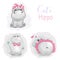 Set cute cartoon hippo with ribbon and tutu in white background