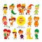 Set of cute cartoon kids in fruits and vegetables fancy costumes.