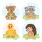 Set of cute cartoon little animal characters, giraffe, teddy bear, squirrel, chicken, duckling, raccoon, hedgehog, wolf, beaver.