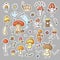 Set with cute cartoon mushrooms. Funny characters sticker pack. Doodle plant poster.