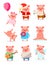A set of cute cartoon piglets in different actions. Vector illustration in flat cartoon style.