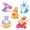 Set of cute cartoon rabbits. Bunny with heart, bicycle, greeting. Sticker. Vector illustration.