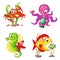 Set of cute cartoon sea animals. Crab, seahorse, starfish, octopus, fishes