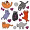 A set of cute, cartoon stickers colorful with cats, balls of thread, hearts. the cat plays with the ball, jumps . Isolated vector