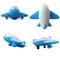 Set of cute cartoon style commercial airplanes like toys 3d render with clipping path