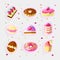Set of cute cartoon sweet cakes and donuts, vector illustration. Colorful collection of cake icons with strawberry on