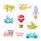 Set of cute cartoon transport. Collection of vehicles for design of childrens book, album, baby shower, greeting card, party