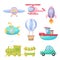 Set of cute cartoon transport. Collection of vehicles for design of childrens book, album, baby shower, greeting card, party