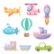 Set of cute cartoon transport. Collection of vehicles for design of kids rooms, clothing, album, card, baby shower, birthday