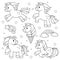 Set of cute cartoon unicorns. Black and white vector illustration for coloring book