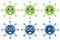 Set of cute cartoon viruses blue and green with different emotions. Emblems and cliparts for decorating medical literature.