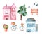 Set of cute cartoon watercolor houses, flower beds and trees, bench, bike