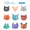 Set of cute cats. Watercolor collection of cats heads