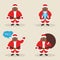 Set of cute character Santa clauses in different poses. Santa with the bag, with gift, waving his hand. Modern flat design. Vector
