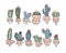 Set of cute characters, funny plants in pots with eyes, smiles, legs. Kawaii cacti. Cartoon  isolated on a white background