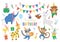 Set of cute cheerful animals in party hats. Birthday party celebration clipart collection. Vector holiday pack with bright present