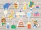 Set of cute cheerful stickers with animals in party hats on wooden background. Birthday party celebration clipart collection.