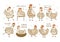 Set of cute chickens isolated on white - cartoon hens and roosters character for happy farm design