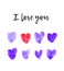 Set of Cute Childlike Watercolor Violet Hearts. Hand Drawn Paint Object for Graphic Design use. Abstract Brush Drawing. Naive Art