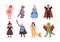 Set of cute children wearing costumes of fairytale characters - prince, dragon, pixie, witch, vampire, mermaid, wolf