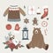 Set of cute Christmas animal, lifestyle and food icons. Bear, knitted sweater, glowes, Santa socks, gift boxes and