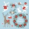 Set of cute Christmas clip-arts with bunnies, reindeer, winter flowers, Christmas wreath and balls. Scandinavian design