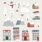 Set of cute Christmas landscape, town and village icons. Hand drawn houses, mountains, snowman and trees. Isolated