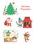 Set with cute Christmas preparation scenes. Animals decorating tree, baking cookies, hanging stockings on a fireplace. Winter