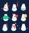 Set of cute Christmas snowmans. Funny winter characters. Vector