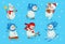 Set of cute Christmas snowmen in hats, scarves. Cute characters, winter sports
