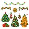 Set Of Cute Christmas Tree, Colorful Garlands. New Year Gift Boxes With Ribbon Bow, Classic Christmas Decorations